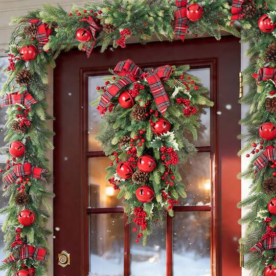 Glitzhome® 28" Christmas Bell Pinecone & Berry Bow Teardrop, Set of 2